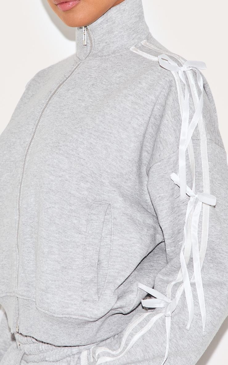 Grey Marl Velvet Bow Detail Oversized Zip Up Sweatshirt Product Image