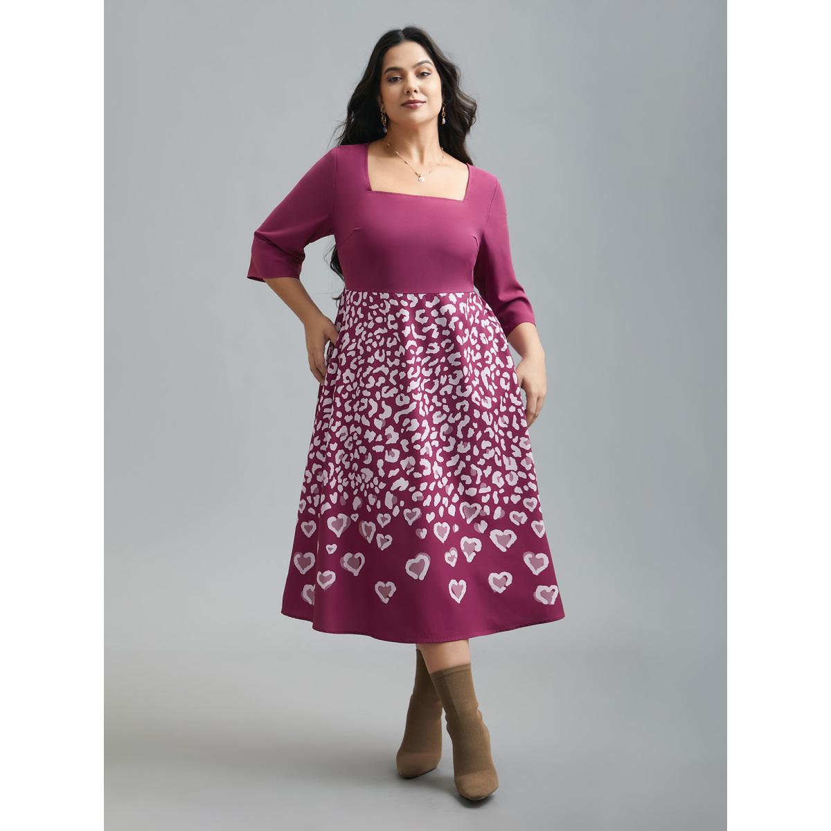 Plus Size Square Neck Contrast Boho Print Midi Dress Deeppurplered Women Elegant Patchwork Square Neck Elbow-length sleeve Curvy BloomChic 30/6X Product Image