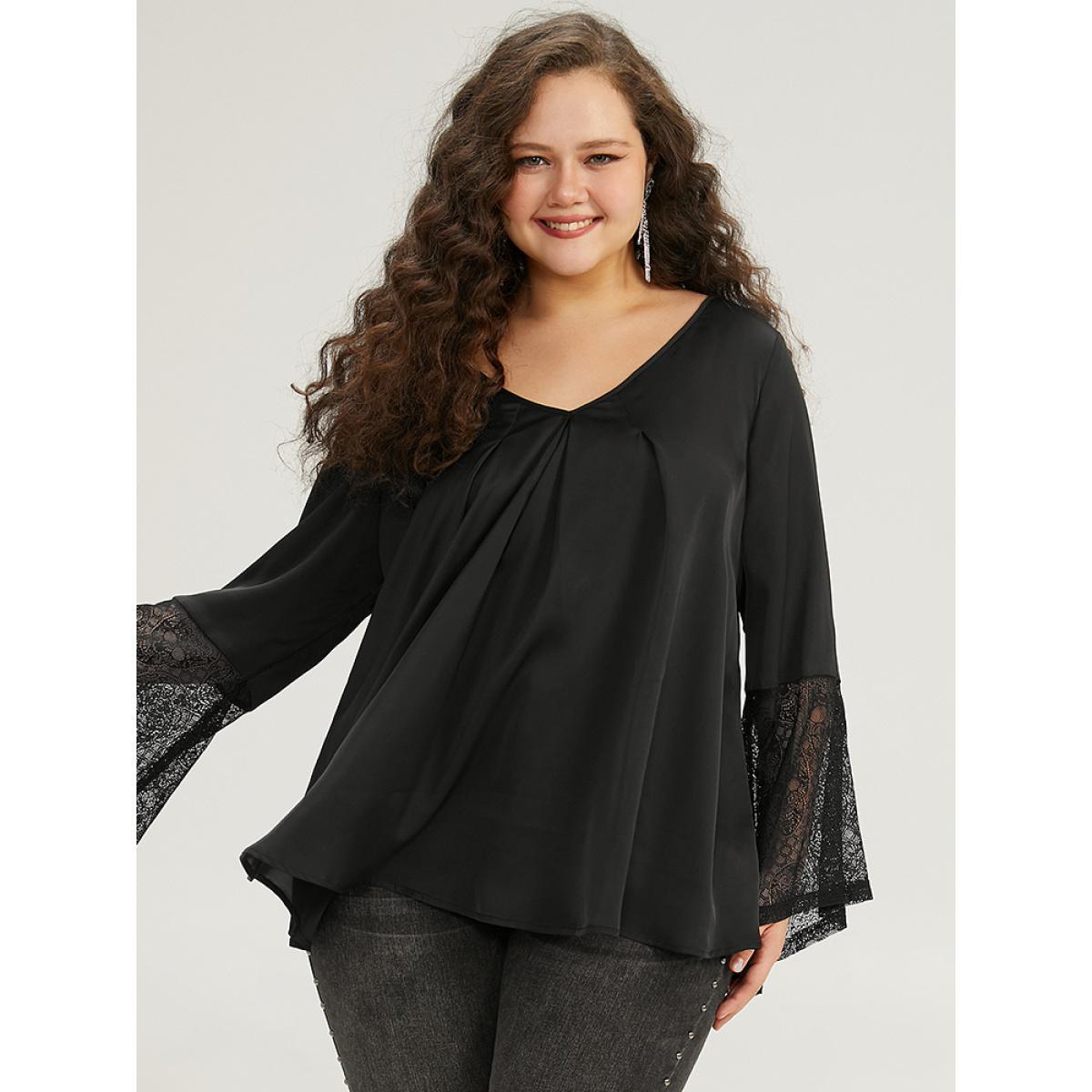 Plus Size Black Halloween Lace Patchwork Ties Bell Sleeve Blouse Women Elegant Long Sleeve V-neck Festival-Halloween Blouses BloomChic 28/5X Product Image