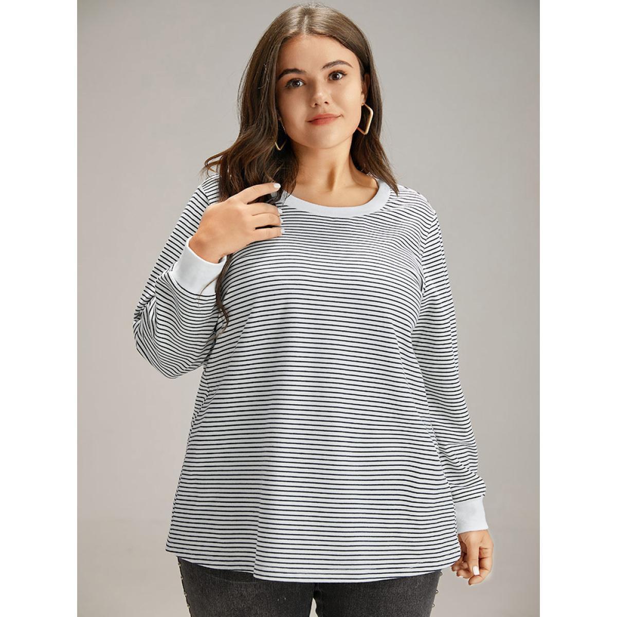 Plus Size Cotton Striped Striped Sweatshirt Women Indigo Casual Elastic cuffs Round Neck Everyday Sweatshirts BloomChic 12/L Product Image