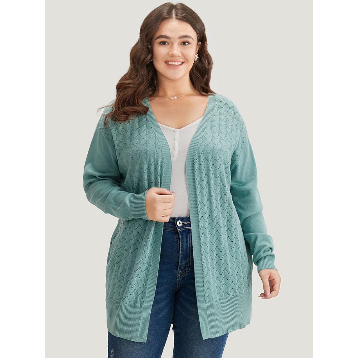 Plus Size Supersoft Essentials Geometric Eyelet Open Front Cardigan Emerald Women Casual Loose Long Sleeve Dailywear Cardigans BloomChic 10/M Product Image