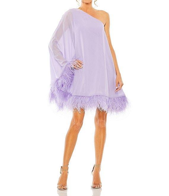 Mac Duggal One Shoulder Long Sleeve Feather Trim Shift Dress Product Image