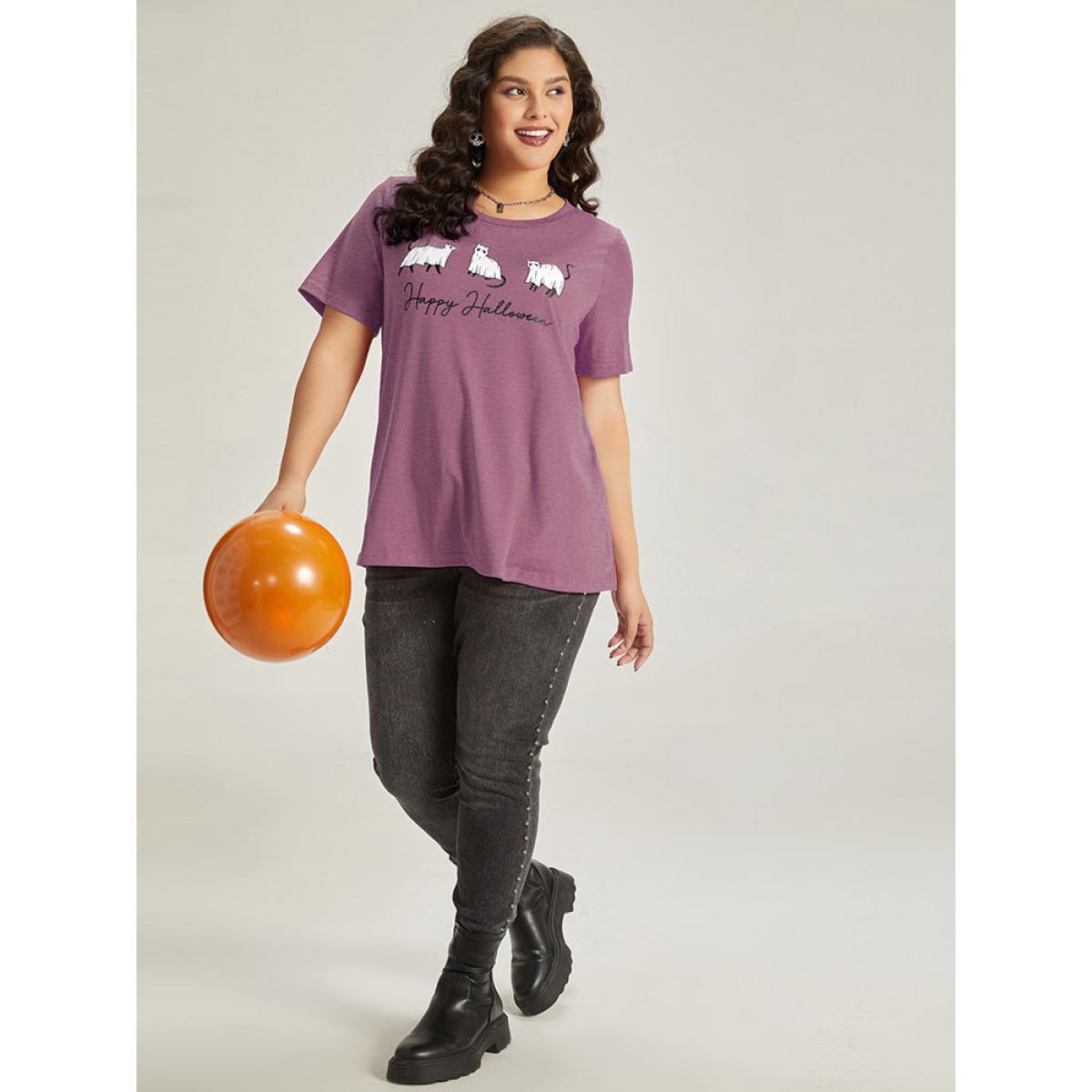 Plus Size Halloween Letter & Animals Crew Neck T-shirt DustyPink Women Casual Printed Halloween Festival-Halloween T-shirts BloomChic 30/6X Product Image