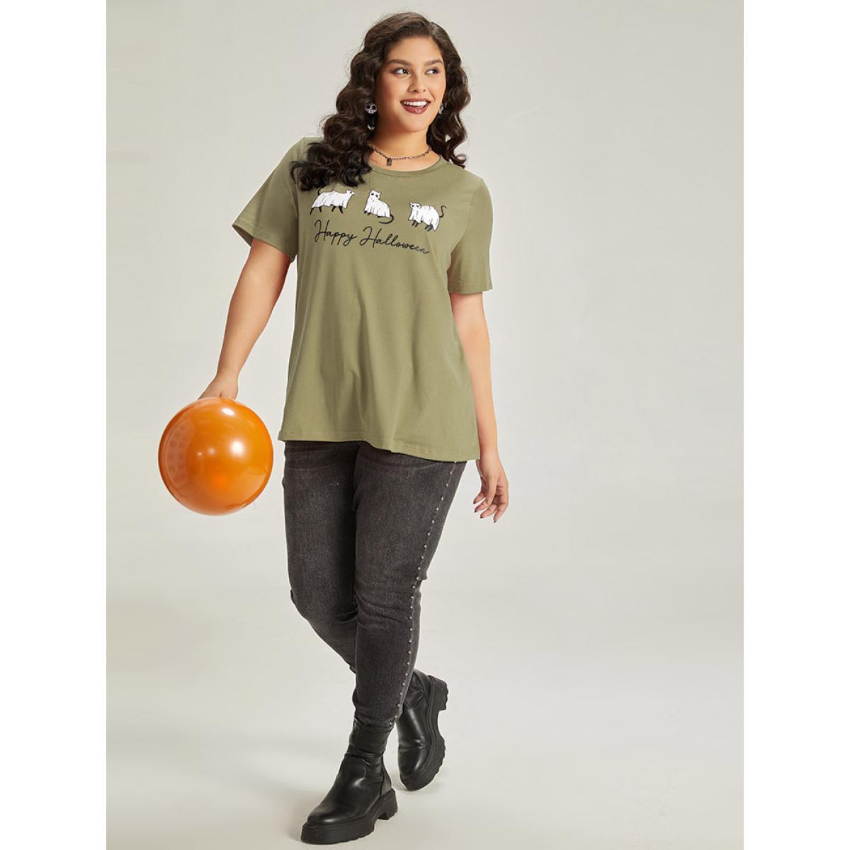 Plus Size Halloween Letter & Animals Crew Neck T-shirt ArmyGreen Women Casual Printed Halloween Festival-Halloween T-shirts BloomChic 28/5X Product Image