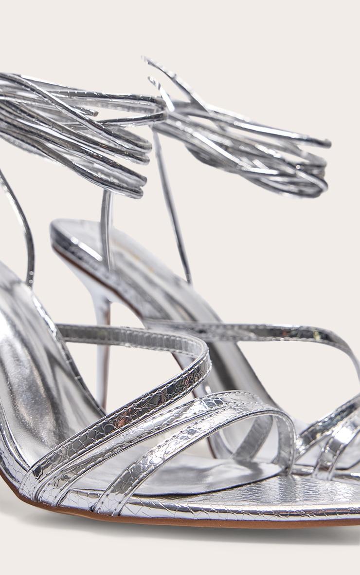 Silver Croc PU Point Toe Lace Up Heeled Sandals Product Image