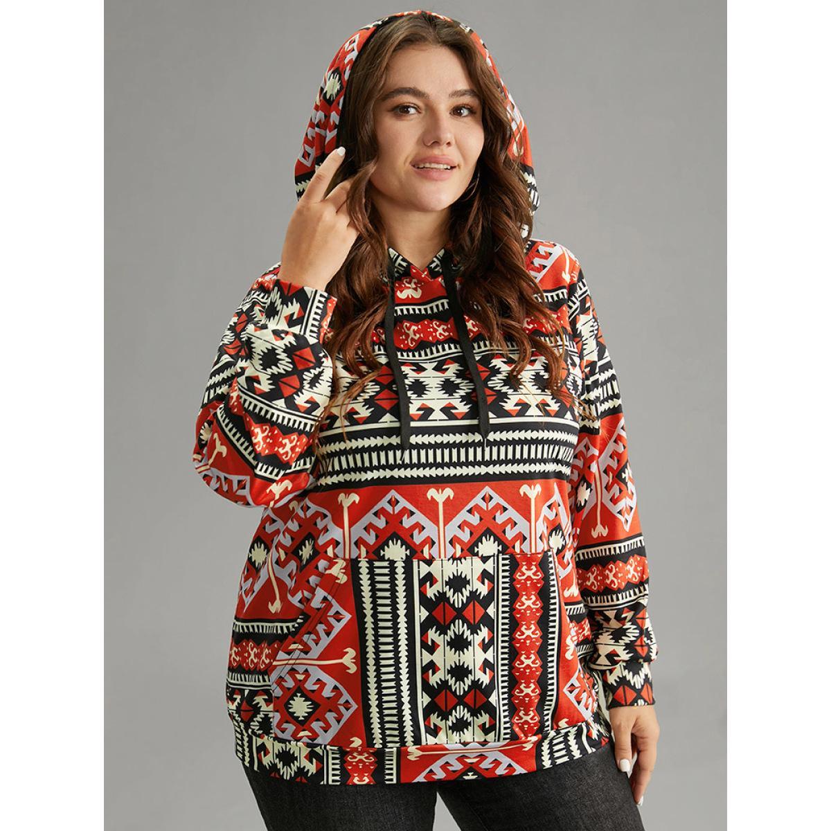 Plus Size Bandana Geometric Hooded Kangaroo Pocket Sweatshirt Women Red Casual Printed Hooded Dailywear Sweatshirts BloomChic 30/6X Product Image