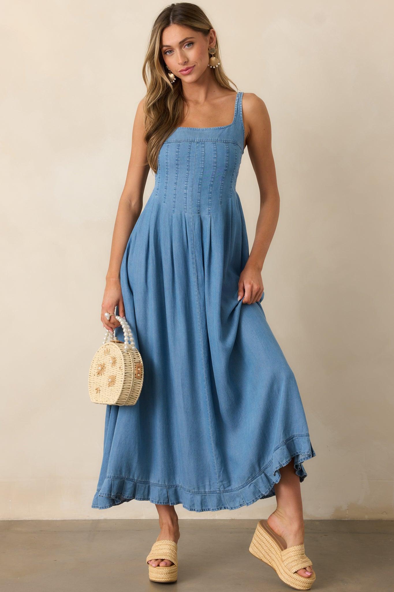Cascading Echoes Blue Chambray Maxi Dress Product Image