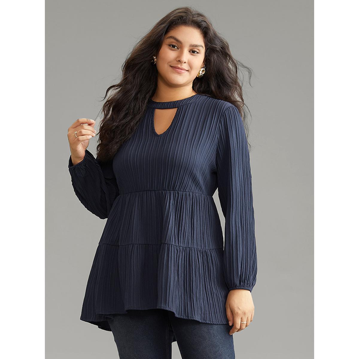 Plus Size Indigo Keyhole Textured Lantern Sleeve Layered Hem Blouse Women Casual Long Sleeve Keyhole Cut-Out Dailywear Blouses BloomChic 22-24/3X Product Image