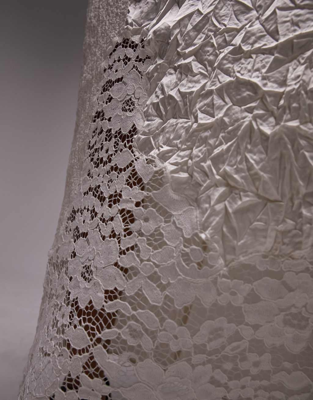 Topshop crinkle satin lace patchwork midi skirt in ivory  Product Image