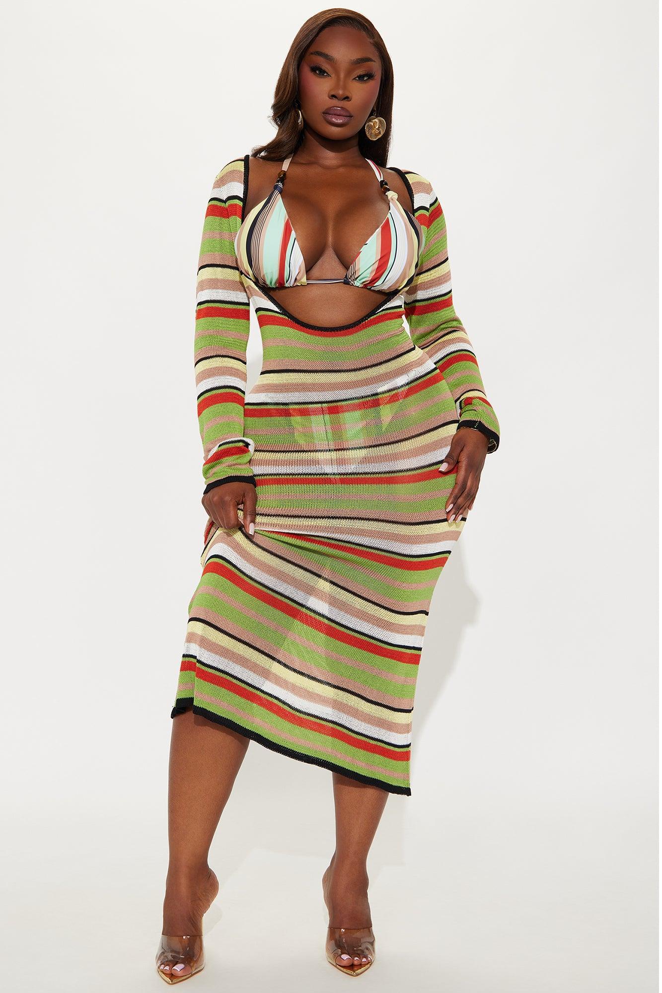 Genesis Striped 3 Piece Bikini & Knit Dress Set - Green/combo Product Image