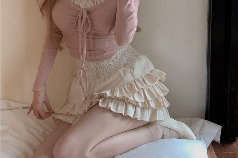Balletcore Long-Sleeve Halter Bow Frill Mock Two Piece T-Shirt / High Waist Plain Tiered Mini A-Line Skirt Product Image