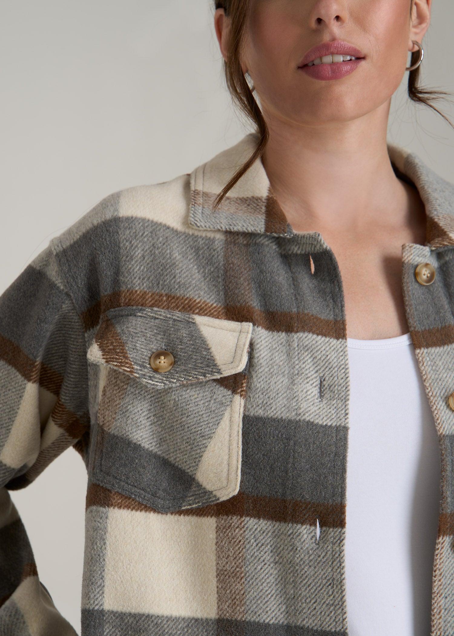Flannel Women's Tall Shacket in Grey and Cream Plaid Product Image