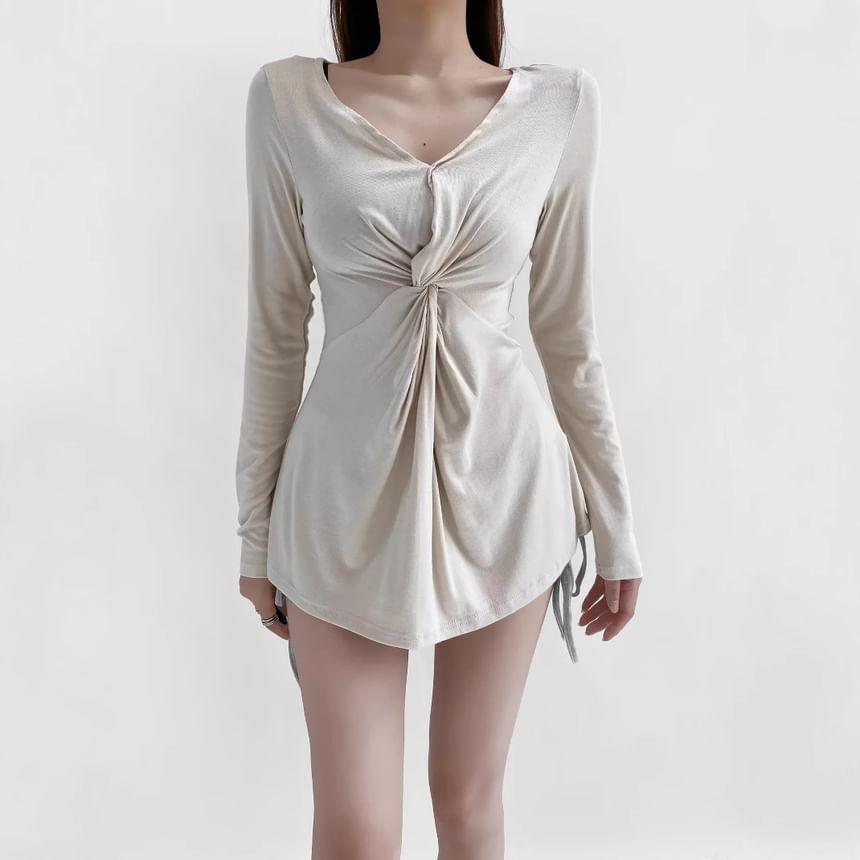 Long-Sleeve V-Neck Twist Drawstring Long T-Shirt Product Image