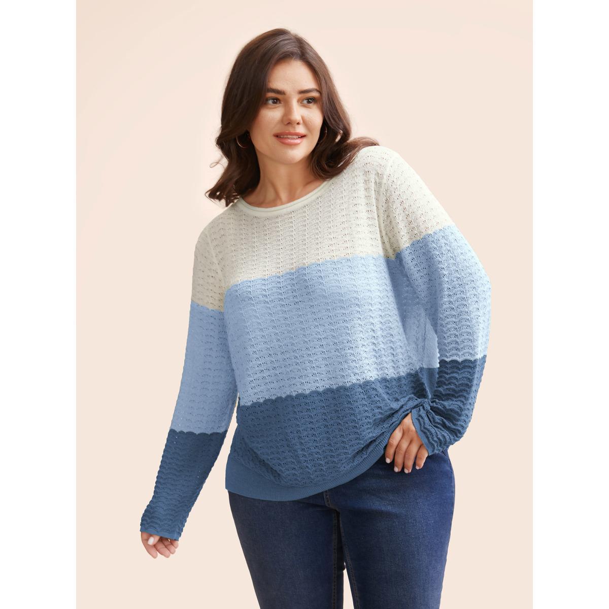 Plus Size Color Contrast Boat Neck Lightweight Pullover Skyblue Women Casual Loose Long Sleeve Boat Neck Everyday Pullovers BloomChic 22-24/3X Product Image