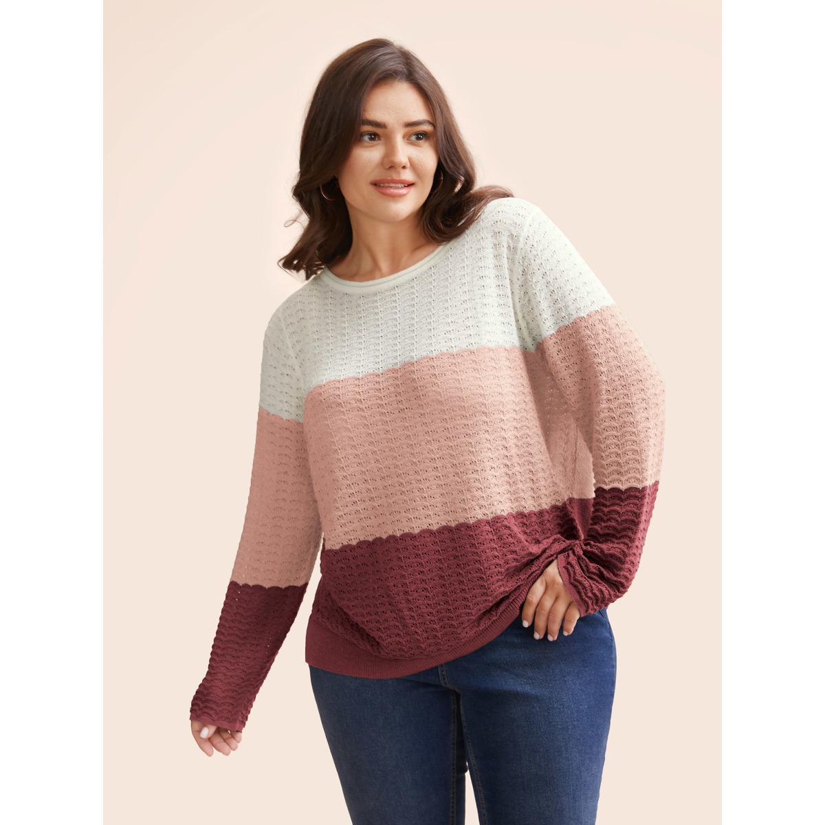Plus Size Color Contrast Boat Neck Lightweight Pullover Plum Women Casual Loose Long Sleeve Boat Neck Everyday Pullovers BloomChic 14-16/1X Product Image