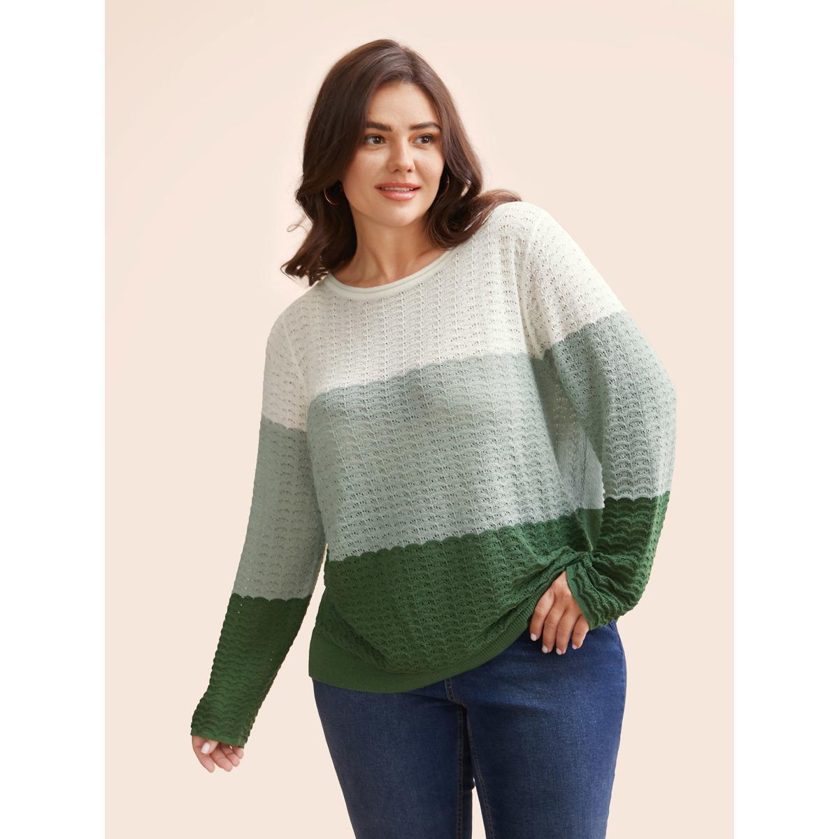 Plus Size Color Contrast Boat Neck Lightweight Pullover Moss Women Casual Loose Long Sleeve Boat Neck Everyday Pullovers BloomChic 30/6X Product Image
