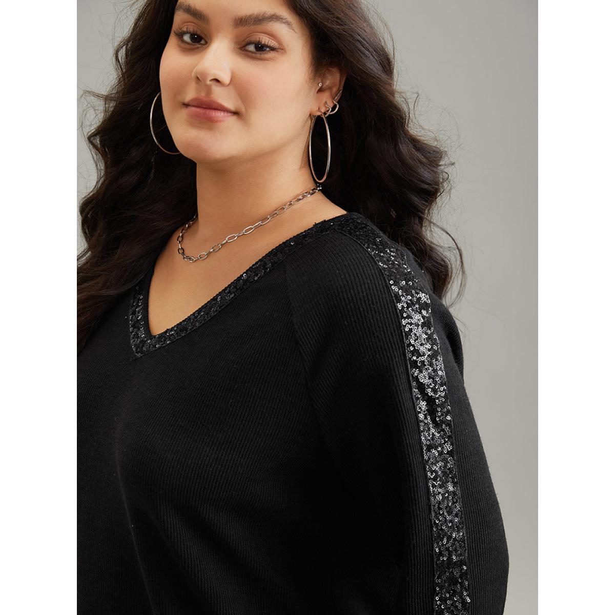 Plus Size Sequin Patchwork Raglan Sleeve Plisse Sweatshirt Women Black Casual Rib Knit V-neck Dailywear Sweatshirts BloomChic 30/6X Product Image