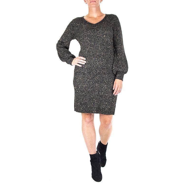 Women's Nina Leonard Sequin Sweater Dress, Size: Large, Black Product Image
