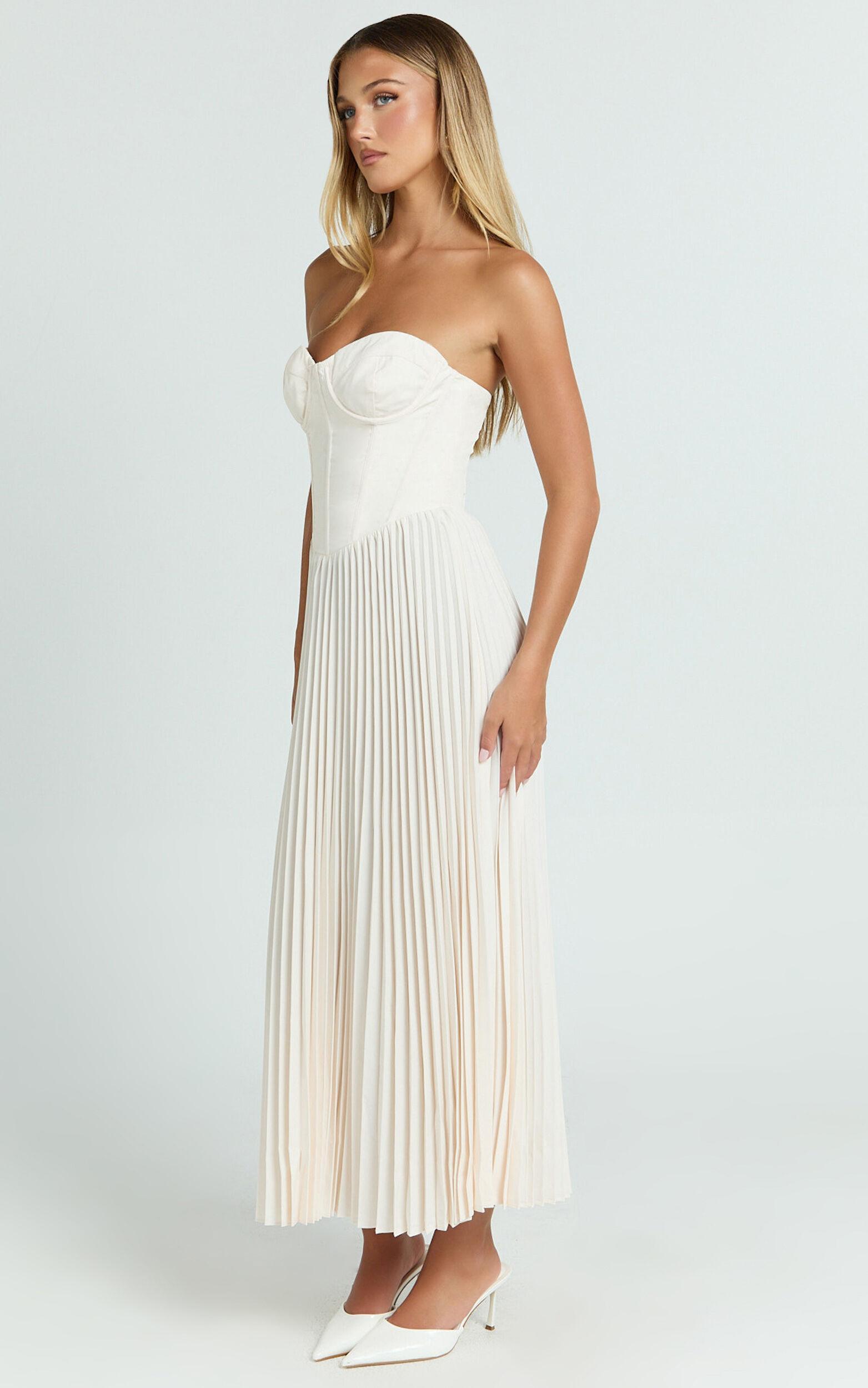 Loretta Midi Dress - Lace Up Back Bustier Pleated Dress in Cream Product Image