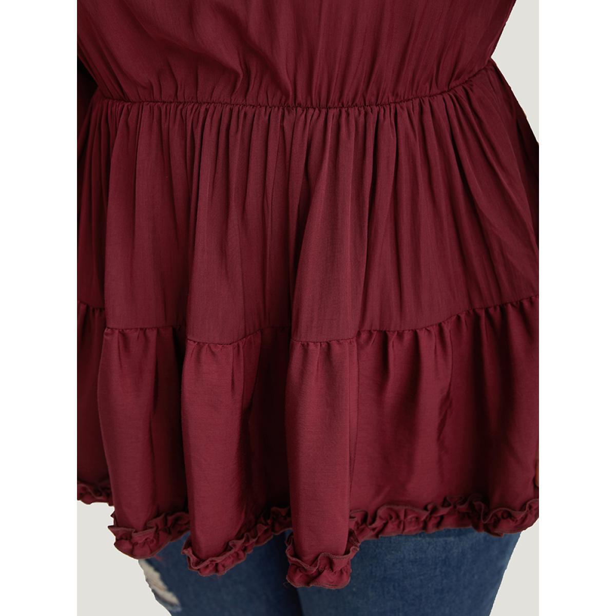Plus Size Burgundy Plain Frill Trim Layered Hem Lantern Sleeve Blouse Women Elegant Elbow-length sleeve Round Neck Dailywear Blouses BloomChic 26/4X Product Image