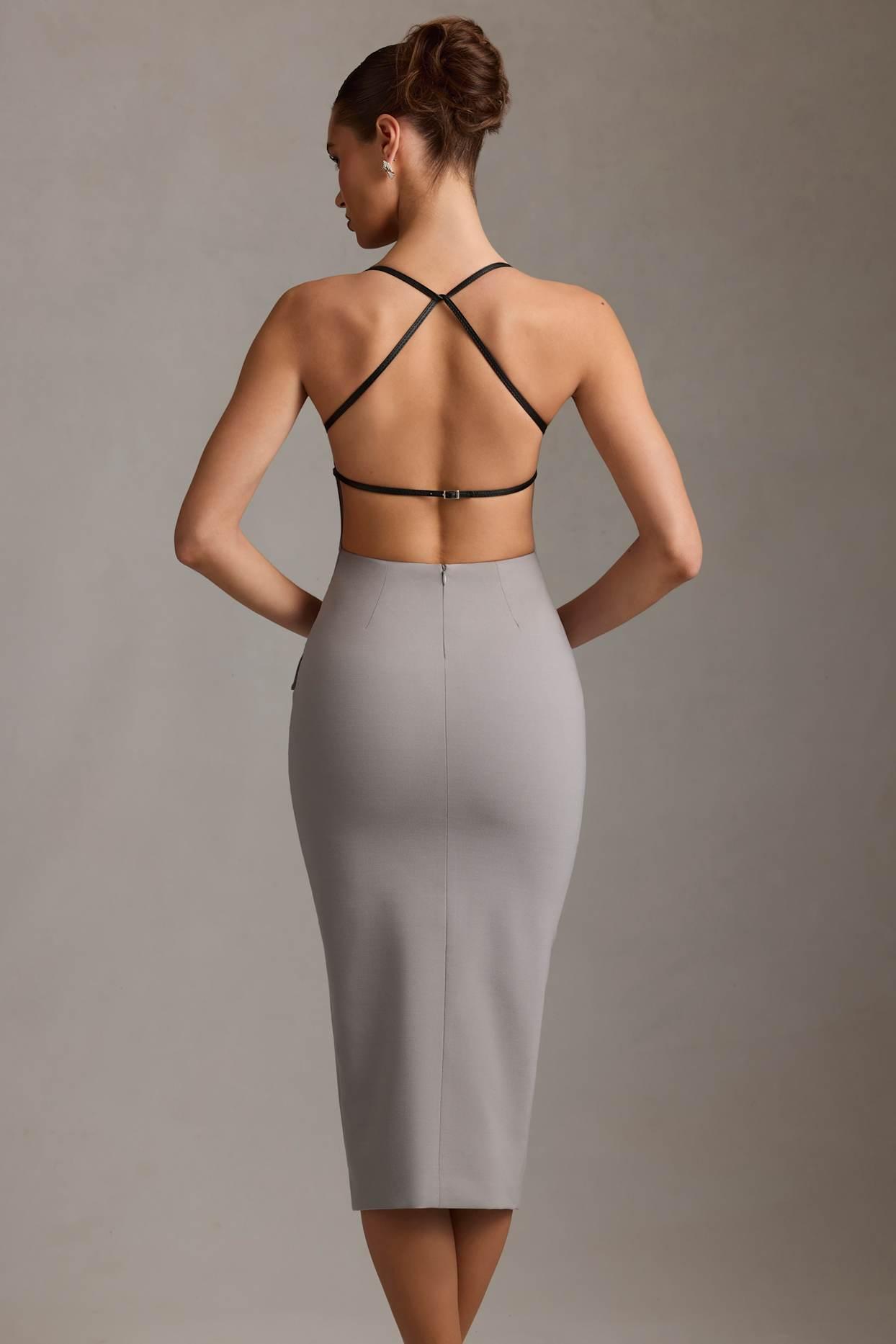 Plunge-Neck Backless Midaxi Dress in Grey Product Image