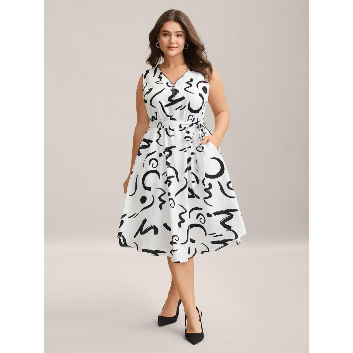 Plus Size Scribble Print Belted Zipper Midi Dress Originalwhite Women V-neck Sleeveless Curvy BloomChic 12/L Product Image