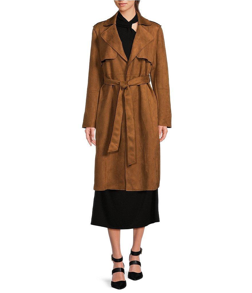 Gibson & Latimer Faux Suede Notch Lapel Storm Flap Long Sleeve Belted Trench Coat Product Image