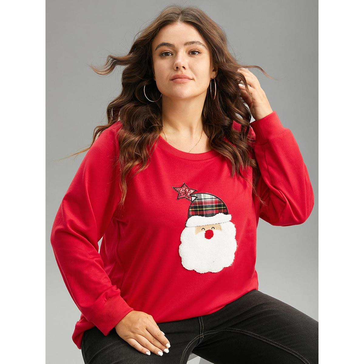 Plus Size Santa Claus Graphic Split Detail Sweatshirt Women Red Casual Rib Knit Festival-Christmas Sweatshirts BloomChic 28/5X Product Image