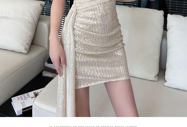 Spaghetti Strap V-Neck Sequin Ruched Mini Bodycon Dress Product Image