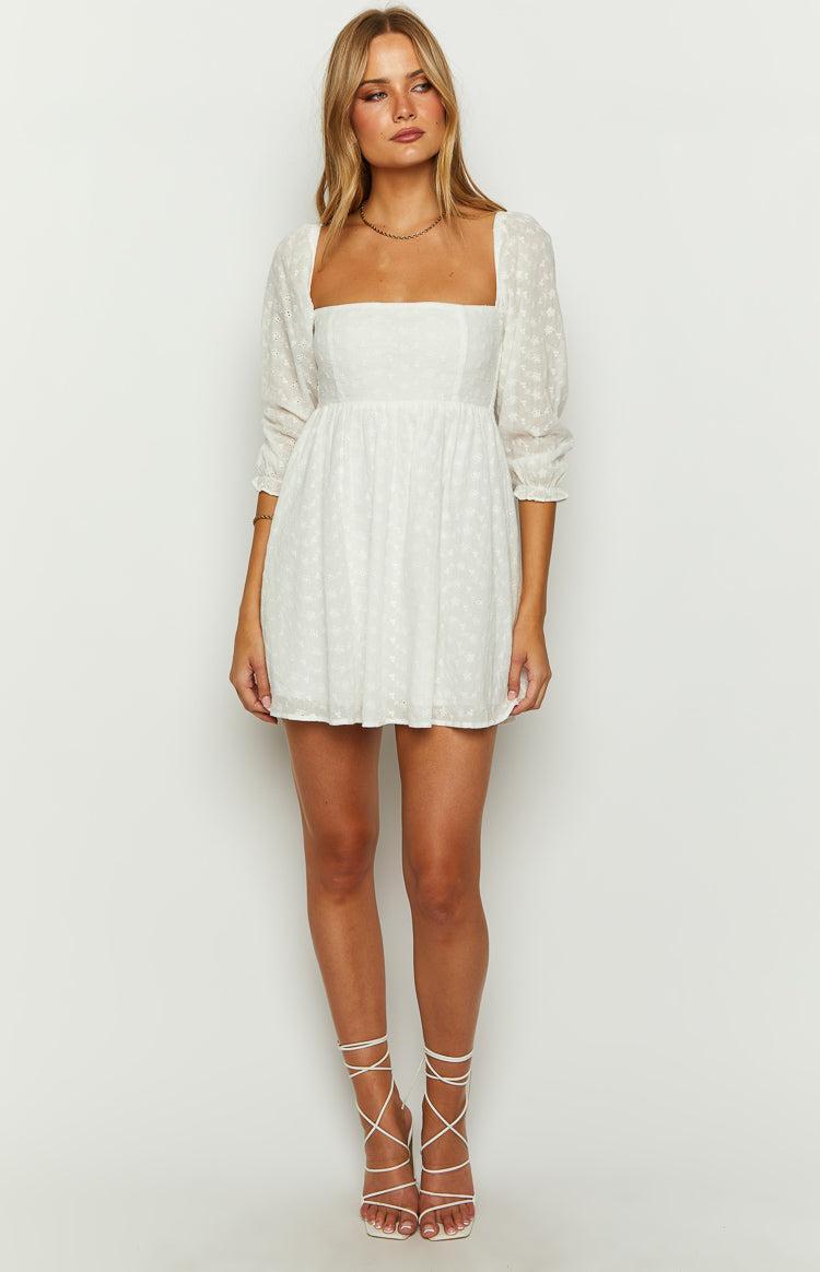 Rubi White Long Sleeve Broderie Mini Dress Product Image