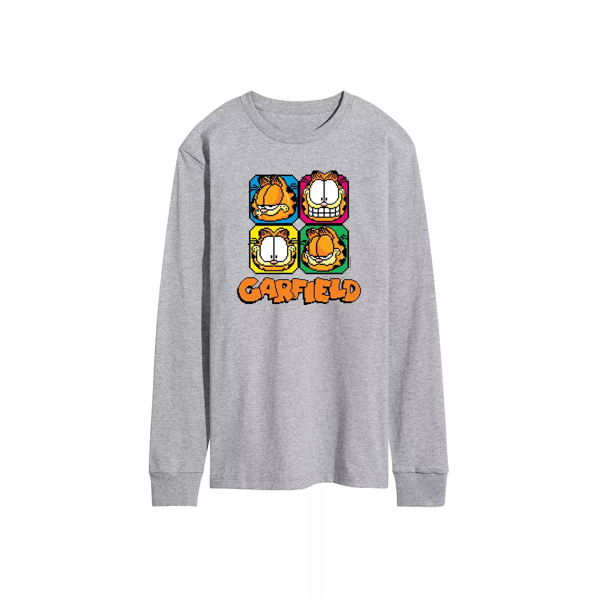 Mens Garfield Pixel Faces Long Sleeve Graphic Tee Grey Gray Product Image