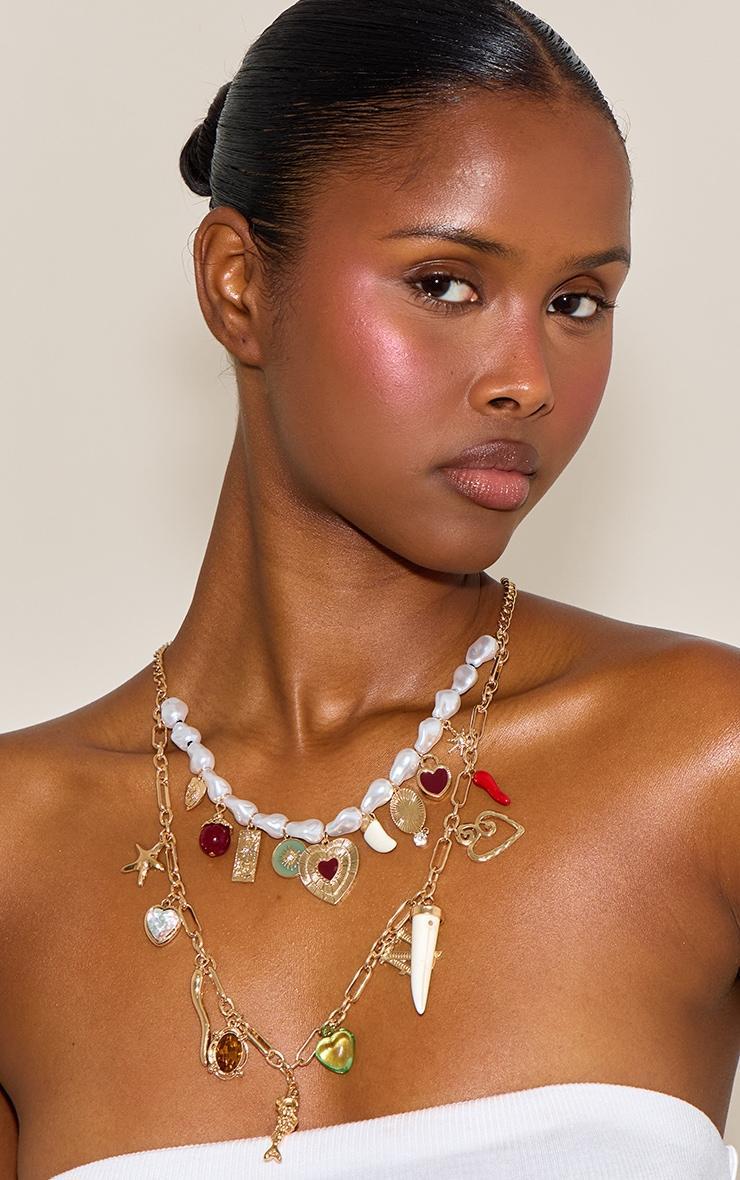 White Pearl Beaded Layered Charm Necklace Product Image