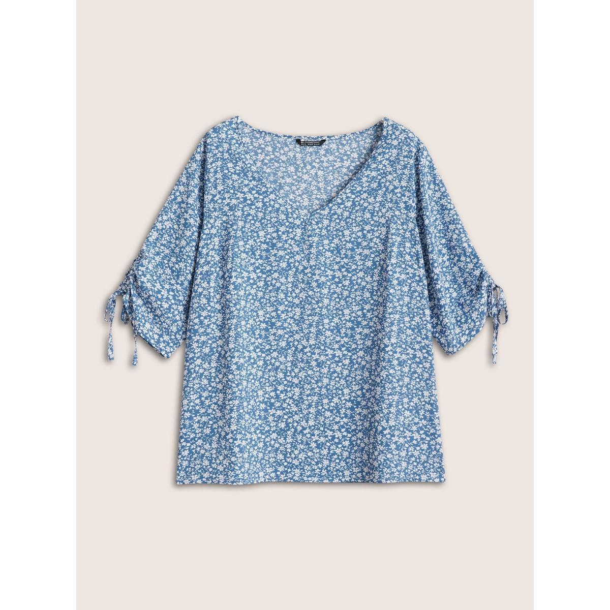 Plus Size Cerulean Ditsy Floral Knot Ties Sleeve Blouse Women Elegant Elbow-length sleeve V-neck Everyday Blouses BloomChic 14-16/1X Product Image