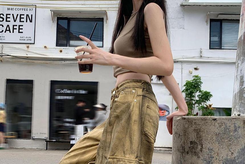 Mid Waist Flame Print Washed Wide Leg Cargo Jeans Product Image
