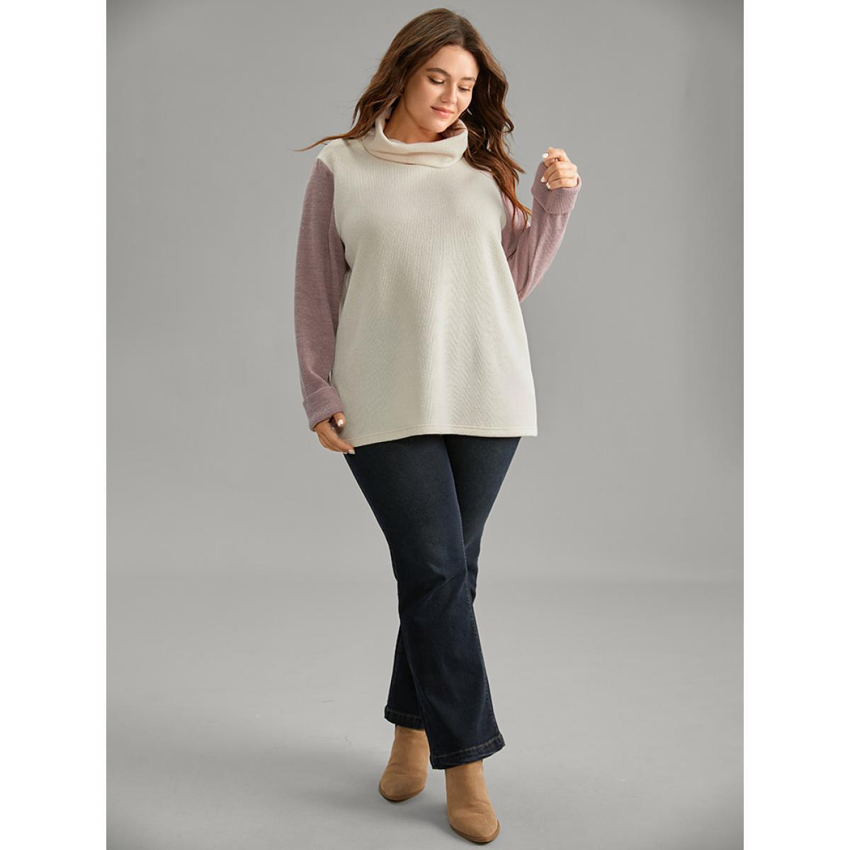 Plus Size Two Tone Turtle Neck Patchwork Sweatshirt Women White Casual Texture Turtleneck Dailywear Sweatshirts BloomChic 22-24/3X Product Image