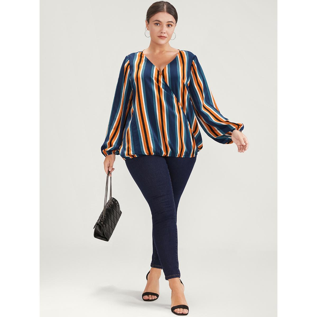 Plus Size Indigo Striped Lantern Sleeve Wrap Blouse Women Office Long Sleeve V-neck Work Blouses BloomChic 10/M Product Image