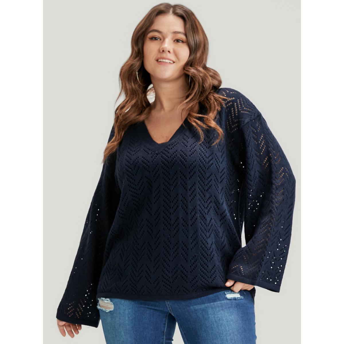 Plus Size Geometric Pointelle Knit V Neck Eyelet Knit Top Indigo Women Casual Loose Long Sleeve V-neck Dailywear Pullovers BloomChic 18-20/2X Product Image