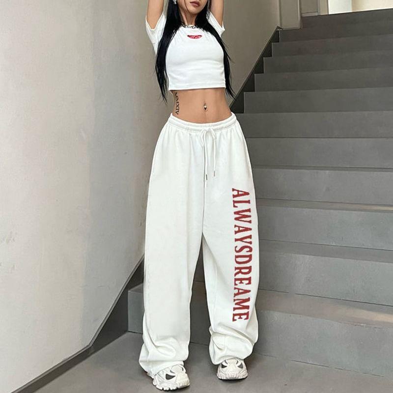 Drawstring Waist Lettering Print Wide Leg Sweatpants Product Image