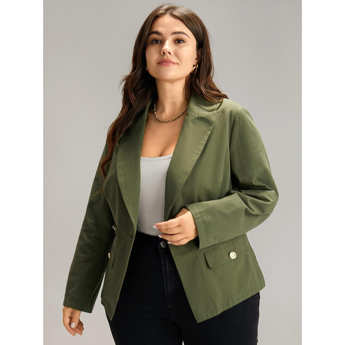 Plus Size Plain Suit Collar Buckle Detail Blazer ArmyGreen Women Work Plain Plain Sleeve Long Sleeve Suit Collar 26/4X Office Blazers BloomChic Product Image