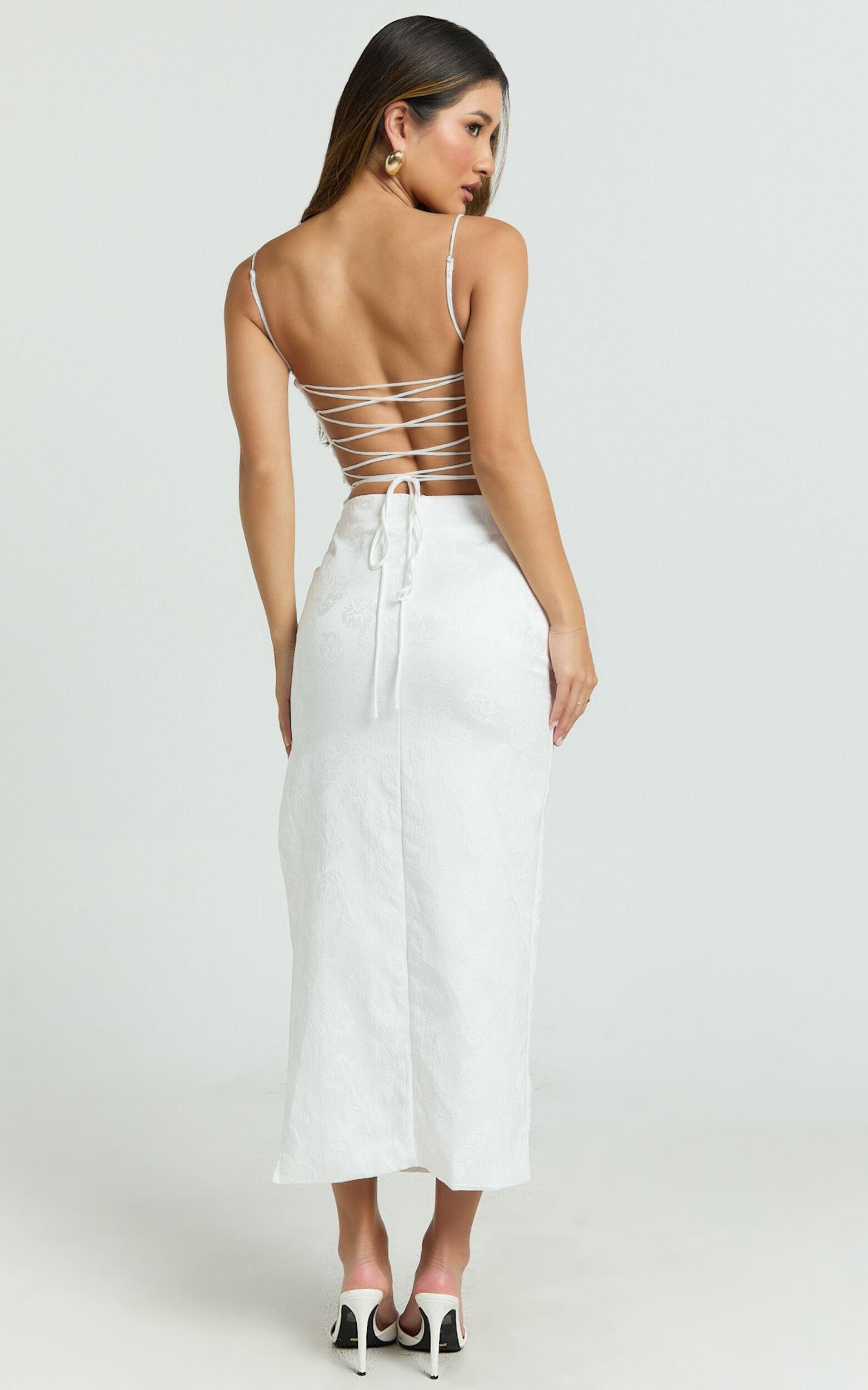 Indiana Midi Dress - Jacquard Square Neck Lace Back Fitted Dress in White Product Image