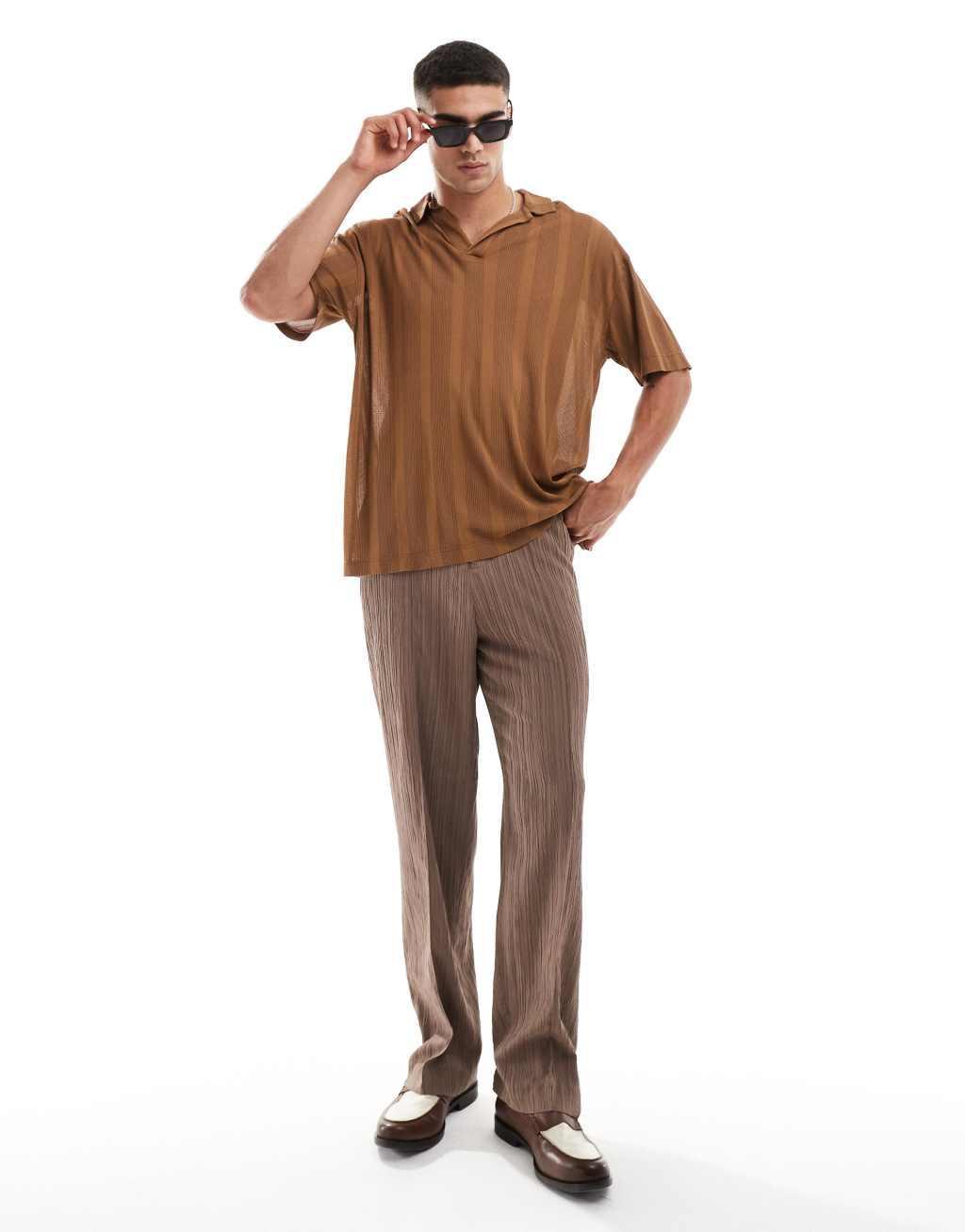 ASOS DESIGN oversized revere polo in brown texture Product Image