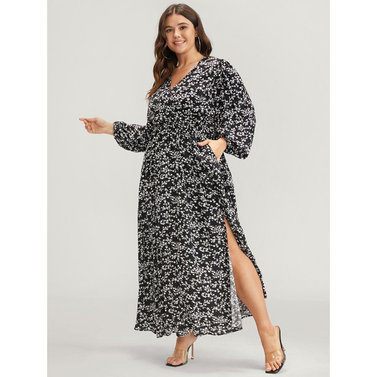 Plus Size Ditsy Floral Lantern Sleeve Pocket Split Maxi Dress BlackFlower Women Elegant Pocket V-neck Long Sleeve Curvy Long Dress BloomChic 12/L Product Image