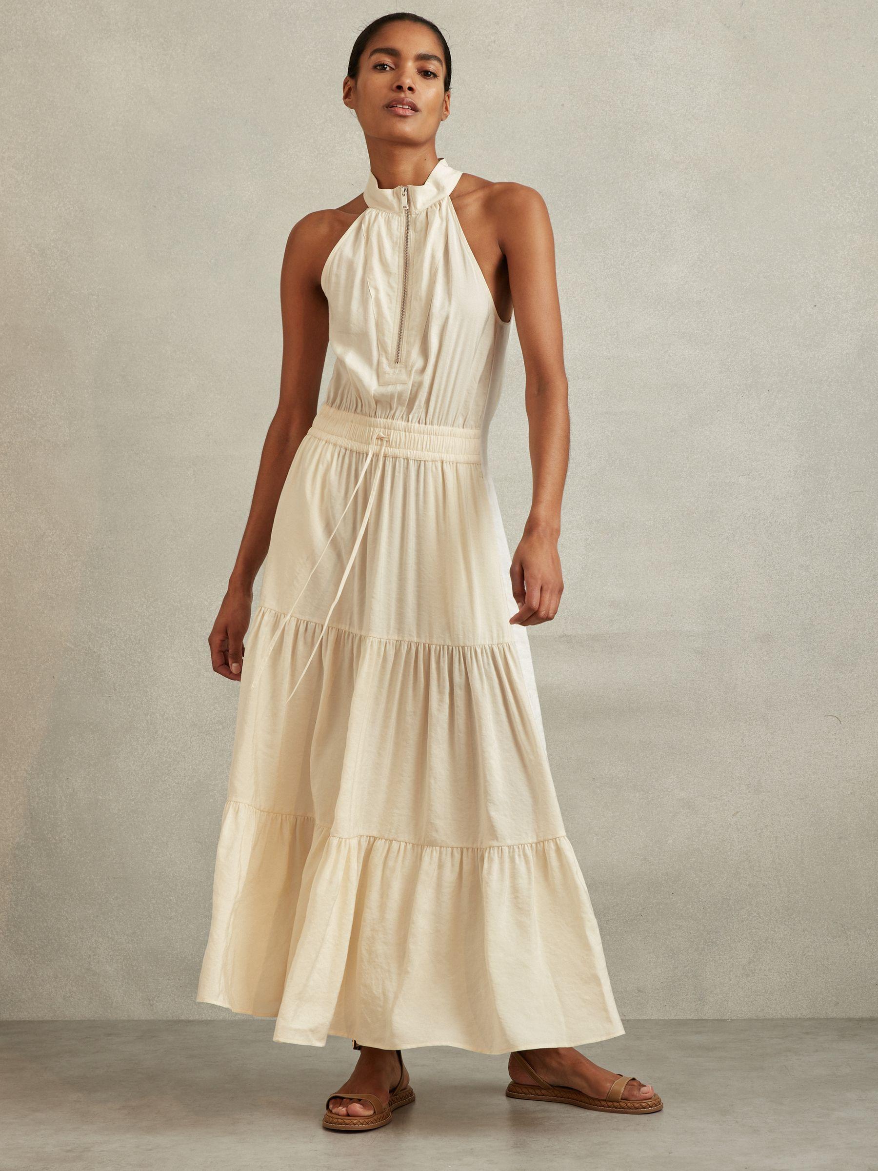 Drawstring Waist Tiered Midi Dress in Neutral Product Image