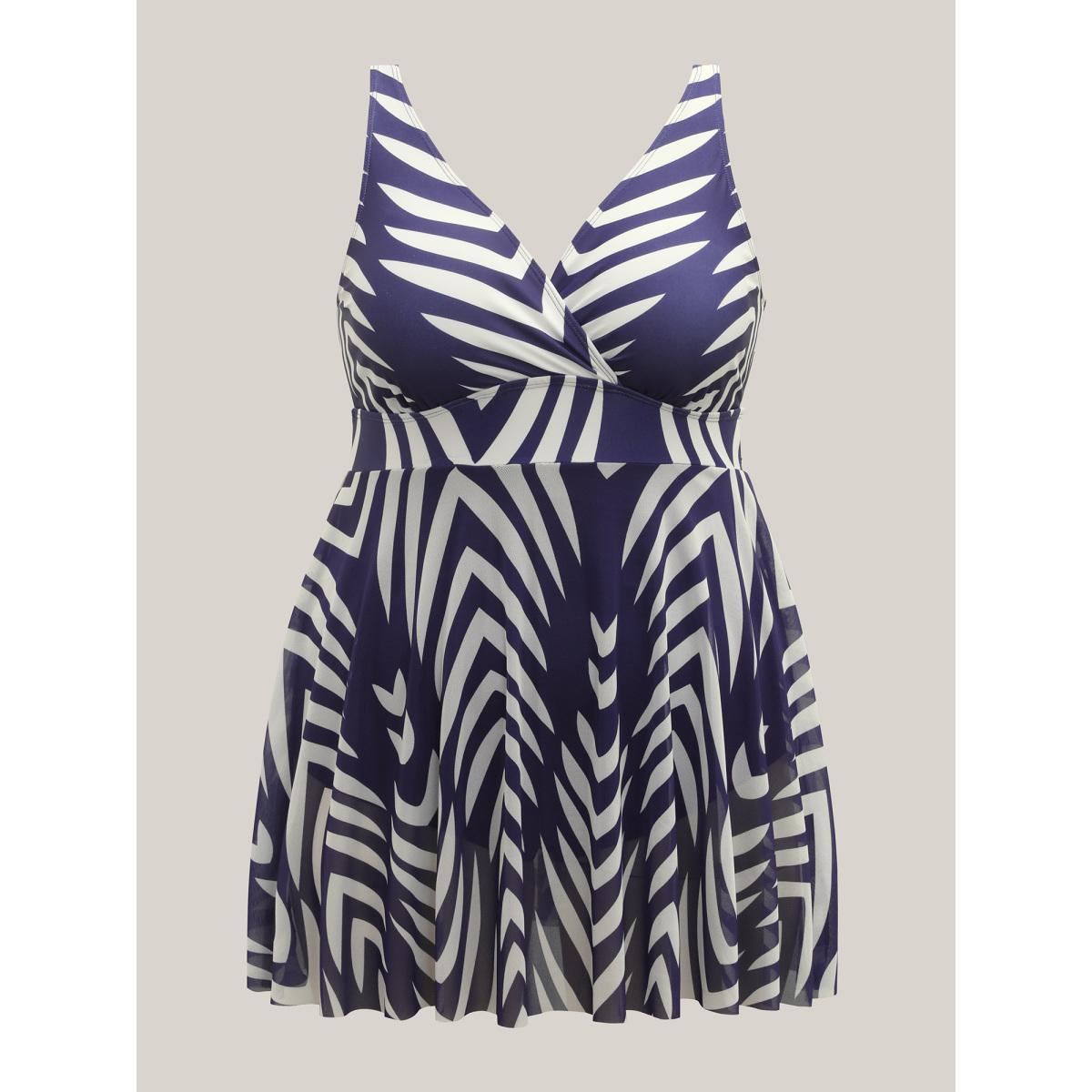 Plus Size Geometric Print Mesh Surplice Swim Dress Women's Swimwear Indigo Beach Bodycon Overlap Collar High stretch Curve Swim Dresses BloomChic 10/M Product Image
