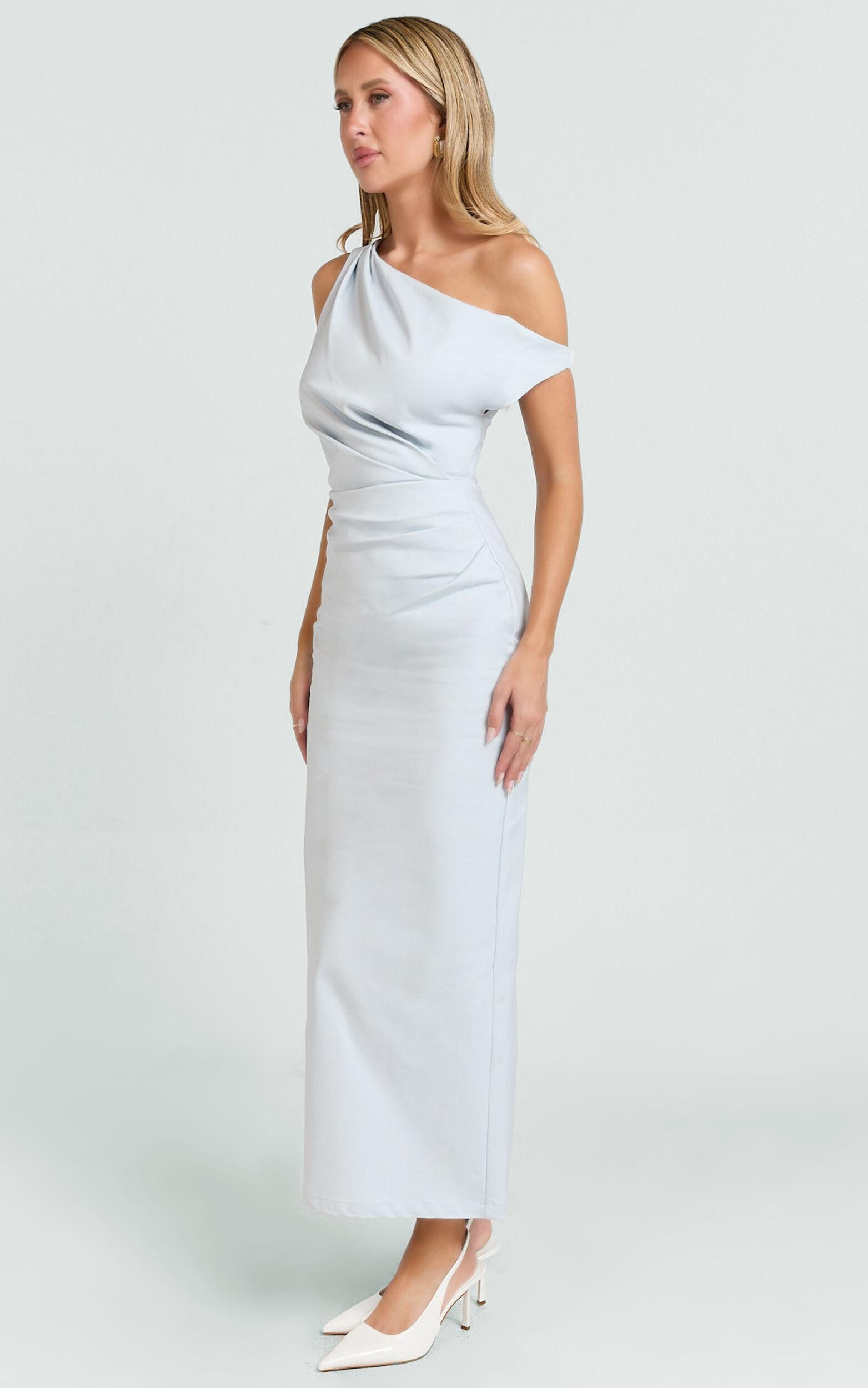 Alexandria Midi Dress - Tip Shoulder Draped Fitted Dress in Blue Product Image