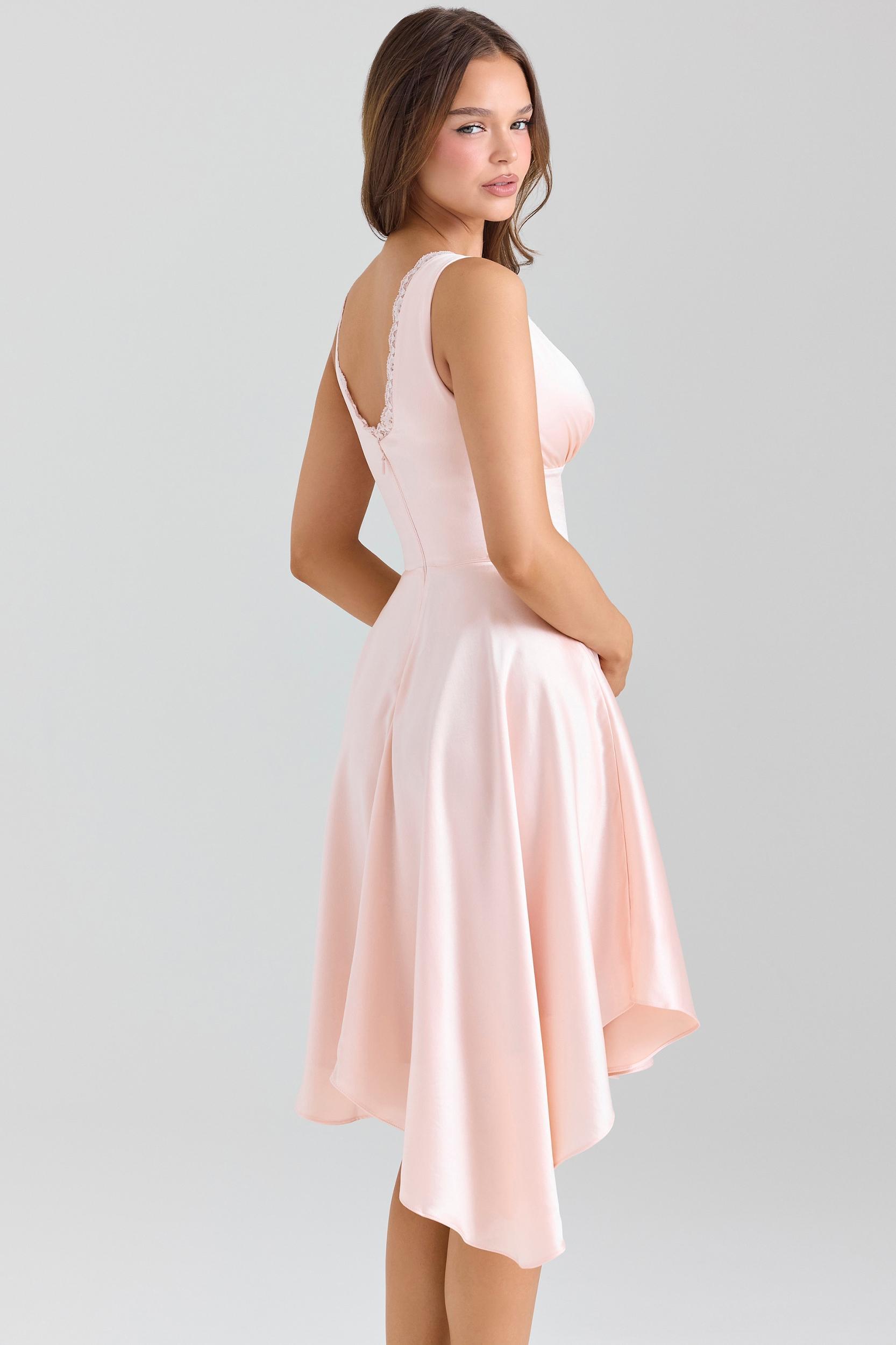 Sabella  pink satin asymmetric handkerchief hem midi dress Product Image