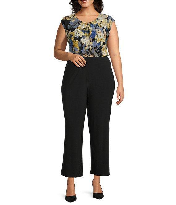 Kasper Plus Size Scoop Pleated Neck Hardware Detail Abstract Floral Printed Knit Jersey Blouse Product Image