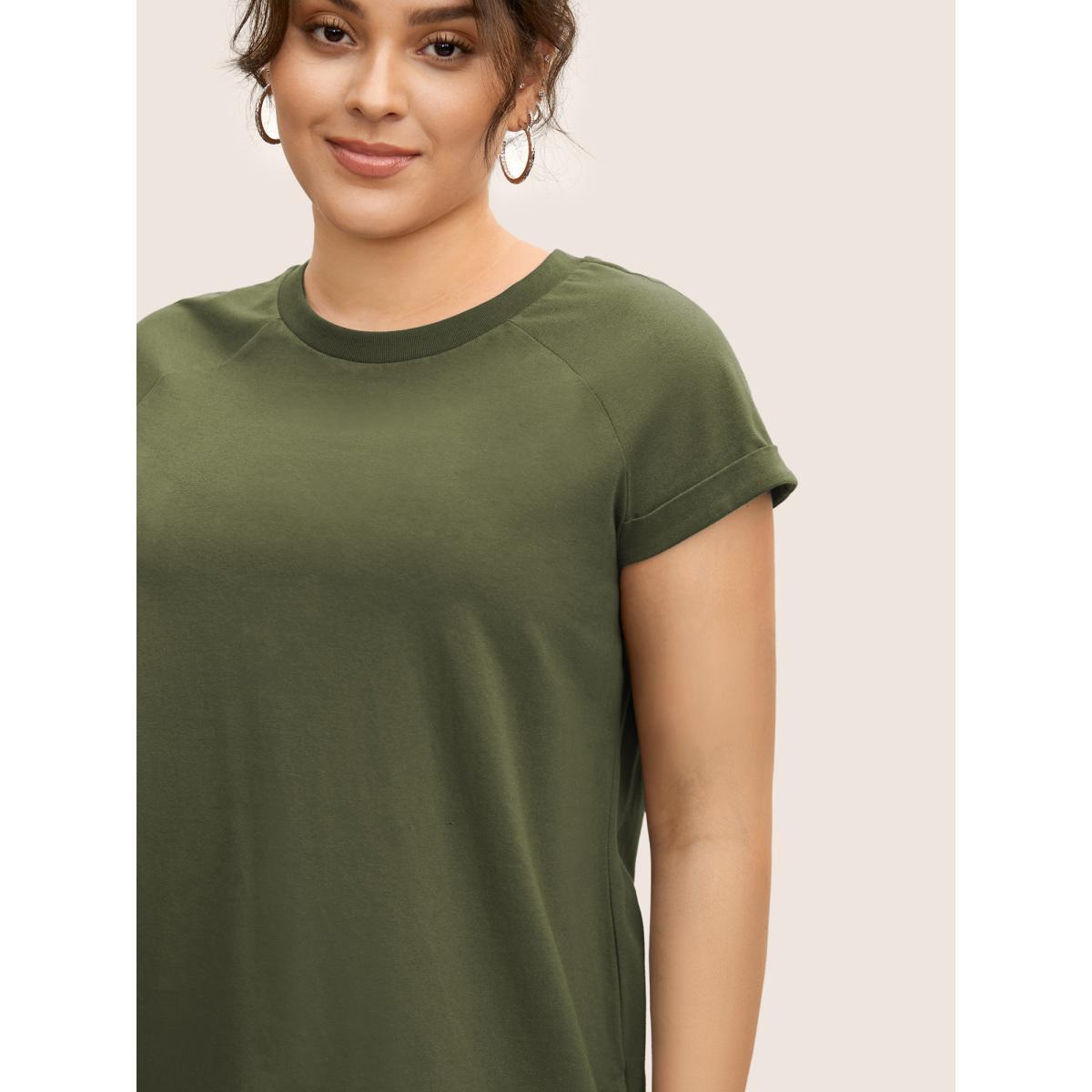 Plus Size Cotton Solid Crew Neck Roll Sleeve T-shirt ArmyGreen Women Casual Roll Hem Round Neck Everyday T-shirts BloomChic 30/6X Product Image