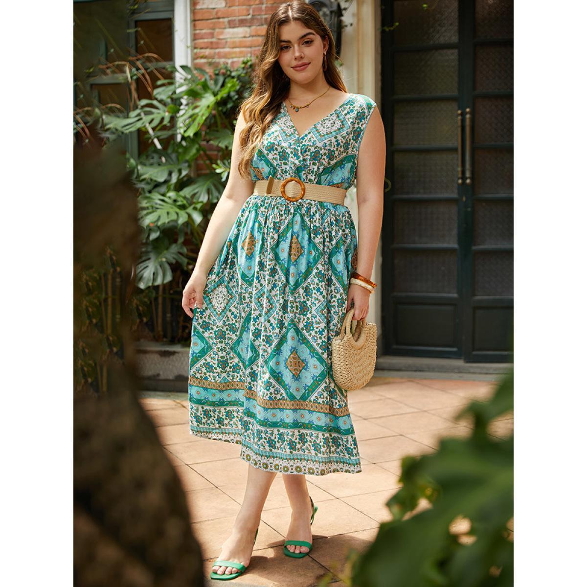 Plus Size Bandana Print Overlap Collar Pocket Tank Dress Mint Women Vacation Gathered V-neck Sleeveless Curvy Midi Dress BloomChic 14-16/1X Product Image