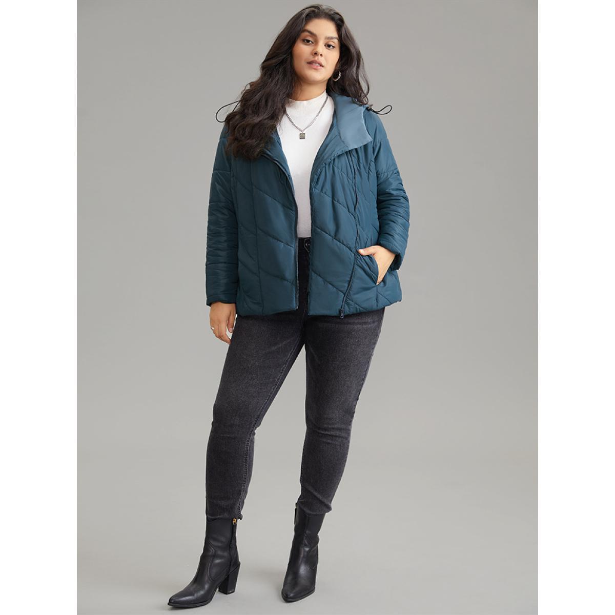 Plus Size Plain Drawstring Padded Zipper Pocket Hooded Jacket Women Blue Lined Pocket Dailywear Jackets BloomChic 30/6X Product Image
